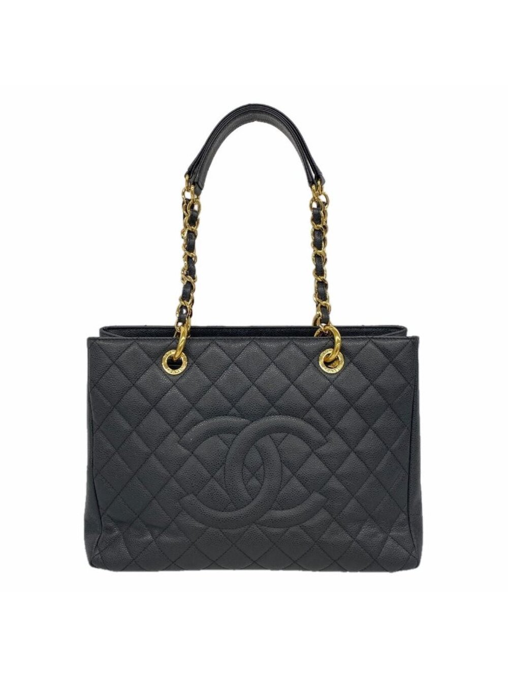 Chanel Chain Tote Bag Quilted Caviar Leather Black Gold